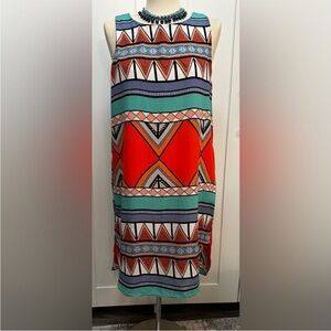 Aztec Print Chiffon High Low Multicolor Sleeveless Midi Dress Sz MED